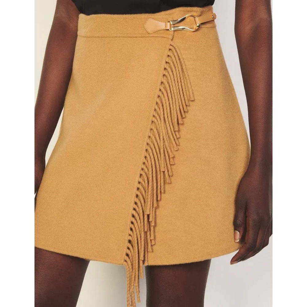 Sandro Luciana Fringe Mini Skirt size O Wool Wrapover Mini Camel